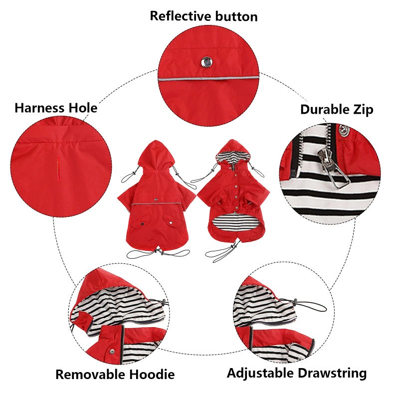 Morezi Dog Zip Up Raincoat with Reflective, Rain/Water Resistant, Adjustable Drawstring, Removable Hood, Raincoats with Legs 8lbs to 80lbs Available - Red - M - Image 3